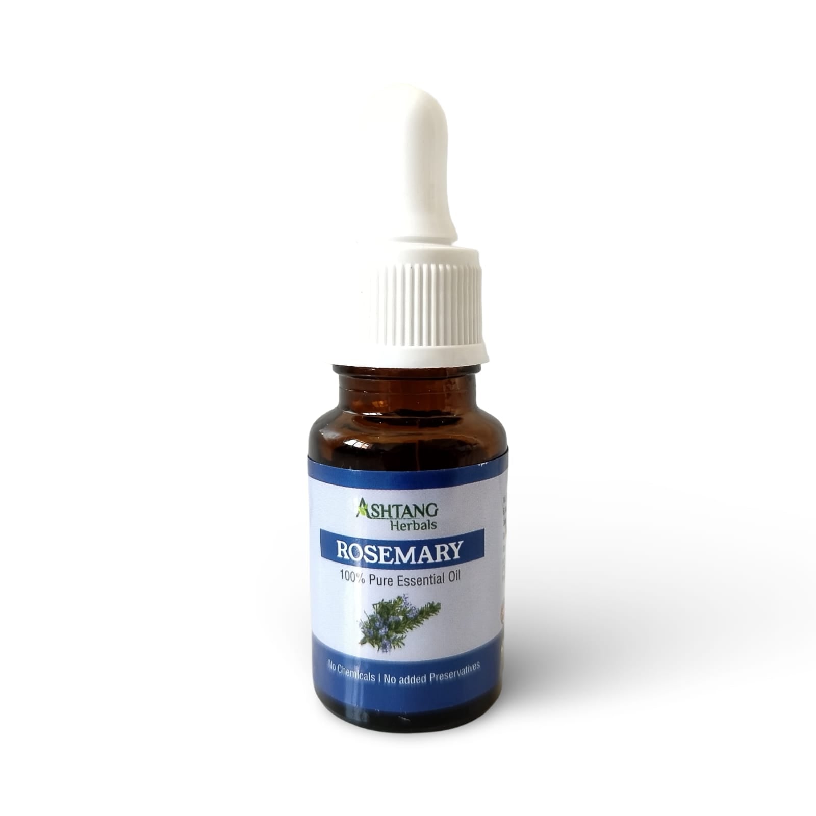 Bottle of Ashtang Herbals Rosemary essential oil on a white background